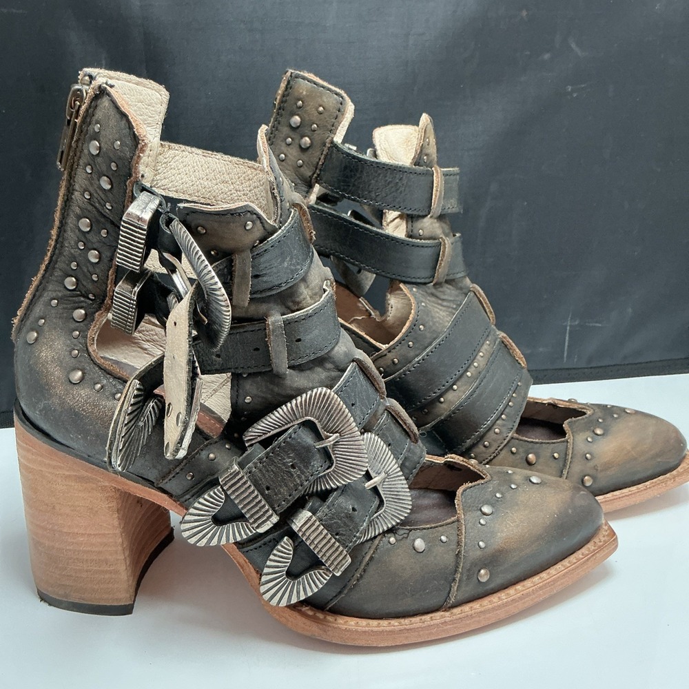 Freebird by Steven Bates Black Brown Leather Multi Strap Buckle Boots Womens 8